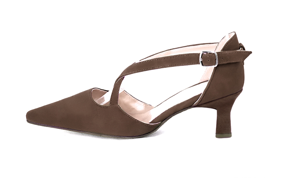 Chocolate brown open side elegant shoes, with crossed straps. Tapered toe. Medium spool heels. - Florence KOOIJMAN